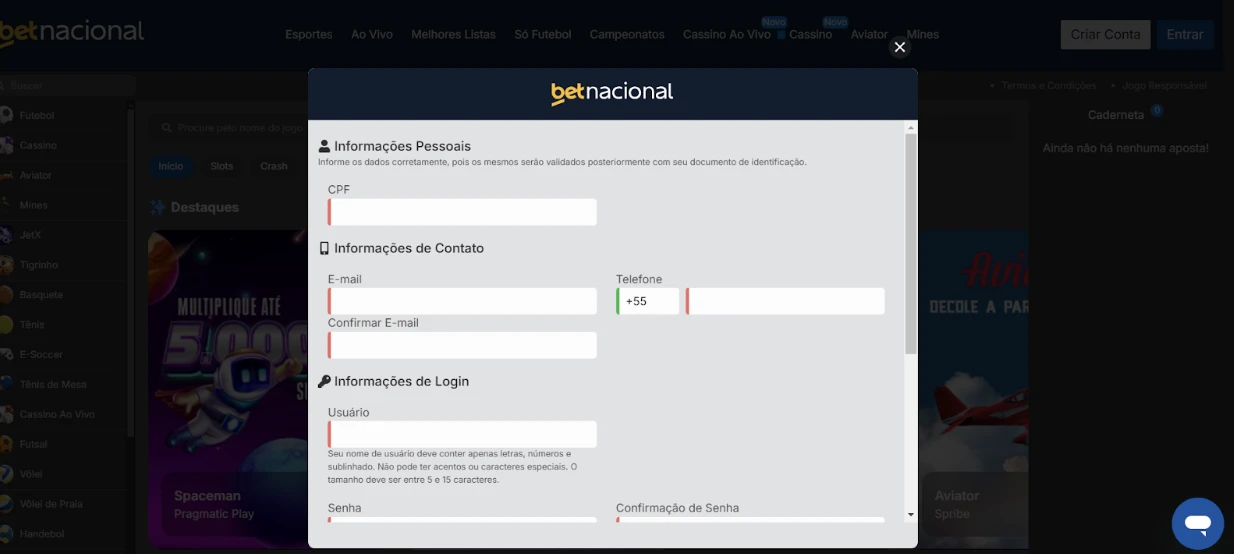 Página da Betnacional Cassino